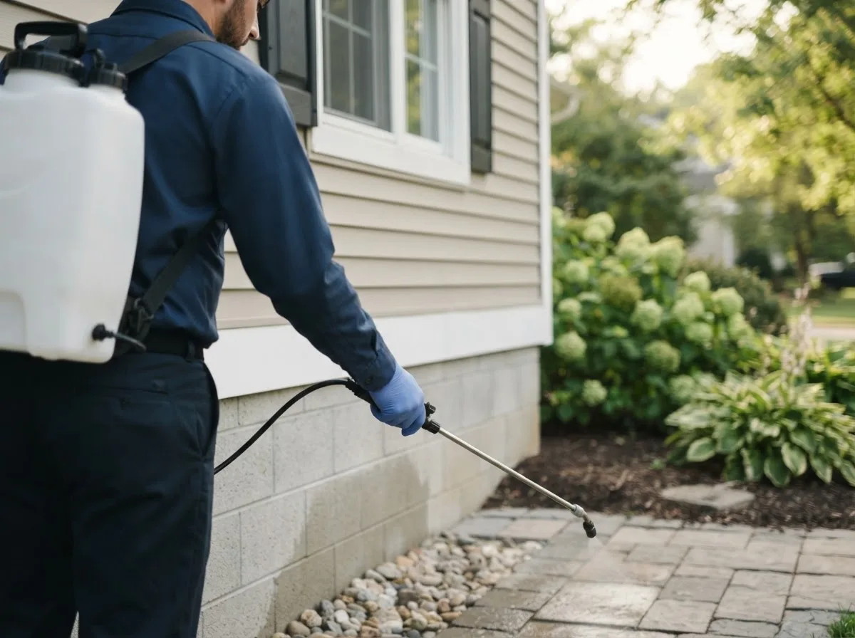Pest control technician inspecting a home in Palms, MI